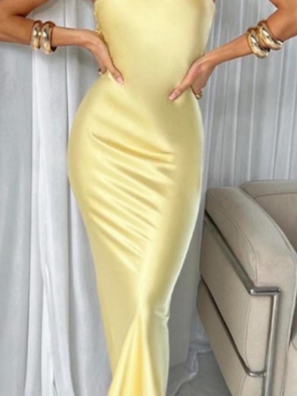 Babyboo Strapless Yellow Satin Bodycon Dress